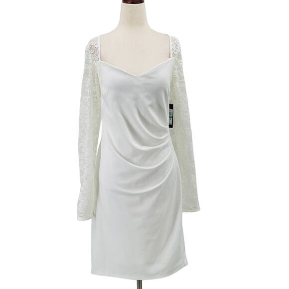 GUESS SZ 16 2x Plus white long sleeve lace scuba ruched mini dress NWT B125 flaw - Picture 1 of 9